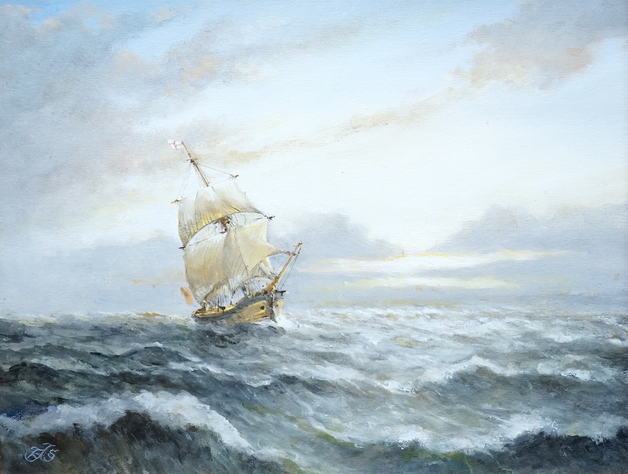 EAS, maritime oil on board, ship at sea, initialled, gilt framed, 34 x 44cm